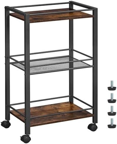 Bar Cart, 3-Tier Mobile Rolling Cart with Protective Rails, Industrial Serving Cart with Wheels, Beverage Cart with Protective Rails, for Home, Kitchen, Dining Room UFG01TC01