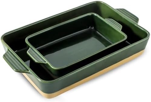 Ceramic Baking Dish Set, Bakeware Set, Rectangular Casserole Dish Set, lasagna Pan, 2 Baking Pans Set for Cooking, Kitchen Dinner, 9 x 13 Inch, Green