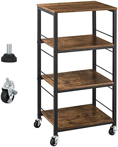 YBING Kitchen Island Cart Utility on Wheels Rolling Cart with Storage Organizer 4-Tier Farmhouse Serving Cart Stand with Wood Tabletop Shelf Units for Bathroom Office Industrial Brown