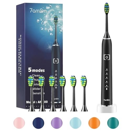 7AM2M Sonic Electric Toothbrush with 6 Brush Heads for Adults and Kids, One Charge for 90 Days, Wireless Fast Charge, 5 Modes with 2 Minutes Build in Smart Timer, Electric Toothbrushes(Black)