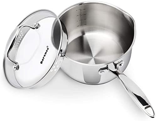 Rorence Stainless Steel Sauce pan: Saucepan with Pour Spouts, Capsule Bottom & Tempered Glass Lid – 2.5 Quart