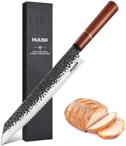 Huusk Japanese Bread Knife, 9.7 Inch Long Serrated Bread Knife, Lightweight Slicing Bread Knife for Cutting Homemade Sourdough Bread, Serrated Knife with Gift Box for Dad