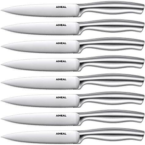 Steak Knives, Stainless Steel Steak Knives Set of 8, Never Needs Sharpening Dinner Steak Knife Set, 4.5 Inch Sharp Micro Serrated Steak Knives