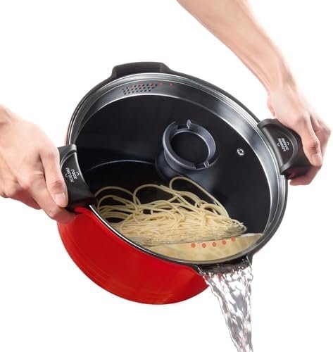 5qt Pasta Pot with Strainer Lid, Cast Aluminum Stockpot Multipot, Nonstick Ceramic Coating make Cleanup easy with Tempered Glass Lid, Dishwasher Safe, Induction, Red