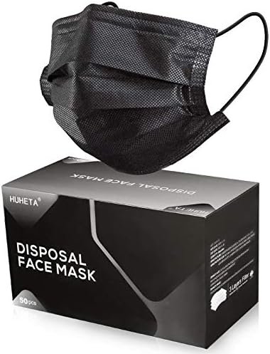 Pack of 50 Disposable Face Mask 3-Ply Breathable & Comfortable Safety Mask, Protective Masks for Indoor and Outdoor – Individually Wrapped (Black Mask)