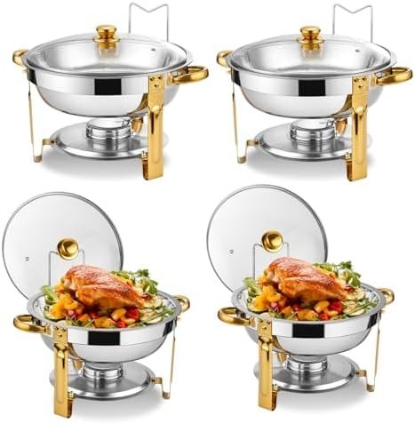 Chafing Dish Buffet Set 4 Pack, 5QT Round Chafing Dishes for Buffet with Glass Lid & Lid Holder, Stainless Steel Chafers and Buffet Warmers Sets for Catering, Parties and Weddings, Gold