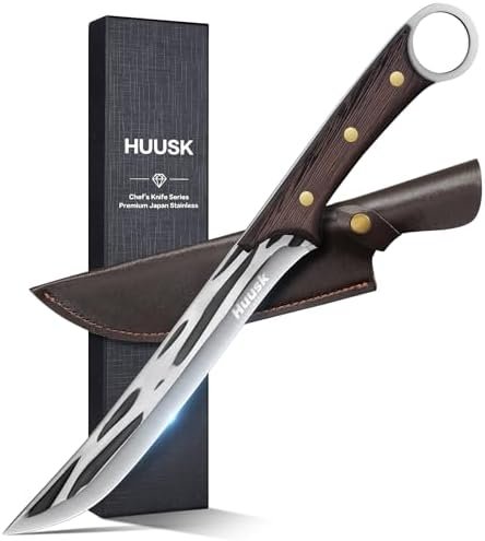 Huusk Brisket Slicing Knife, 8 Inch Meat Knife Carving for Meat, Hand Forged Meat Cutting Knife Butcher, Wood Handle Bbq Knife, Full Tang Cimeter Knife for Home Outdoor Camping