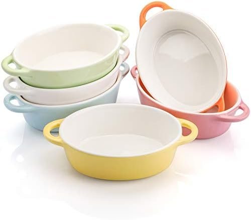 Foraineam 6 Colors Oval Porcelain Ramekins 10 oz Oven Safe Creme Brulee Souffle Baking Ramekin Dishes Bowl with Double Handles