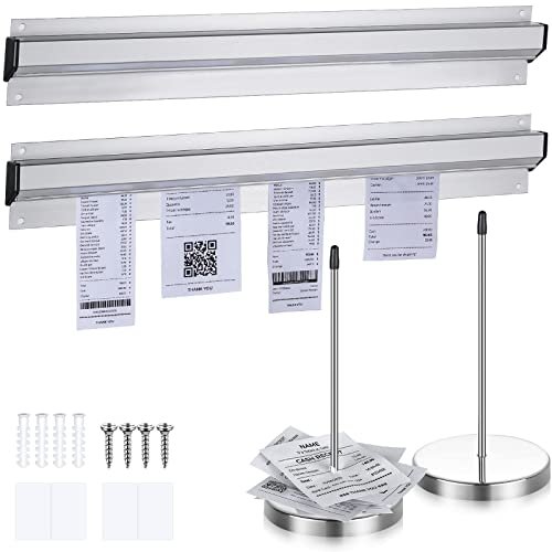 Photect 4 Pcs Ticket Holder for Restaurant Set Including 2 Stainless Steel Receipt Holder Spike Ticket Spike and 2 Aluminum Slide Rack Rail for Restaurant Cafes Kitchen(Silver, 15.8 x 2.3 Inch)