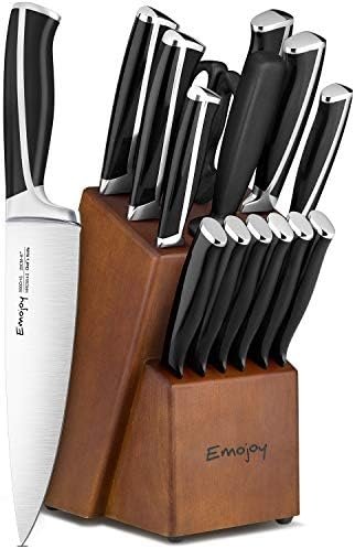Knife Set, Emojoy 15 Piece Kitchen Set with Block Wooden, German Stainless Steel Sharp Chef Sharpener, Knives Black