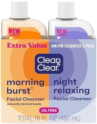 Clean & Clear 2-Pack Oil-Free Facial Cleansers with Citrus Scent, Morning Burst and Night Relaxing, 16 oz