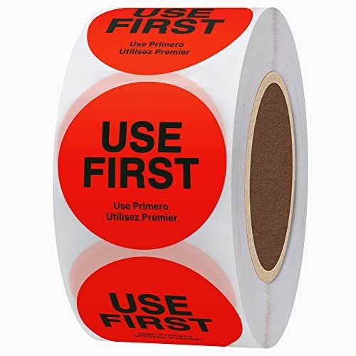 Hybsk USE First Stickers Restaurant Food Service FIFO Label 1.5 Inch Total 500 Labels Per Roll (Red)