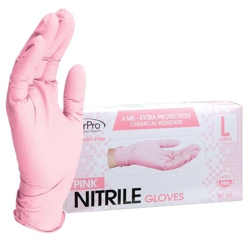 ForPro Professional Collection Disposable Nitrile Gloves, Chemical Resistant, Powder-Free, Latex-Free, Non-Sterile, Food Safe, 4 Mil, Pink, Large, 100-Count