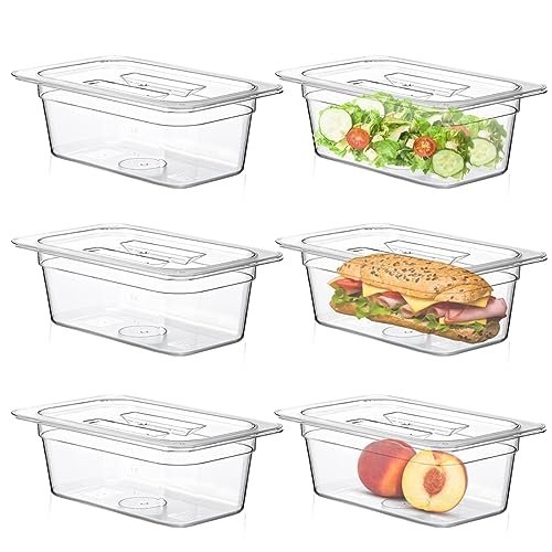 6 Pack 4” Deep Plastic Clear Food Pan with Lids,Commercial Stackable Polycarbonate Pan with Capacity Indicator,Acrylic Food Storage,Restaurant Supplies for Kitchen (1/4 Size 4”Deep)
