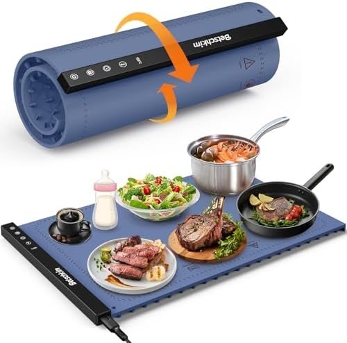 Food Warming Mat, Betschkim Warming Trays for Buffets Party, Silicone Heating Mat for Food with 6 Temperature Settings, Rollable & Portable Food Warmer Plate for Sabbath, Parties, Family – Blue Nova