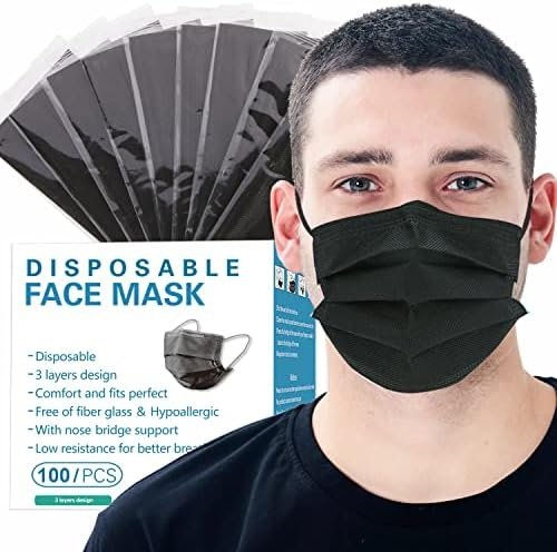Individually Wrapped Masks 100 Pack Disposable,Face Mask Protection for Adults 3-Layer Filter Safety Face Masks(100, Black)