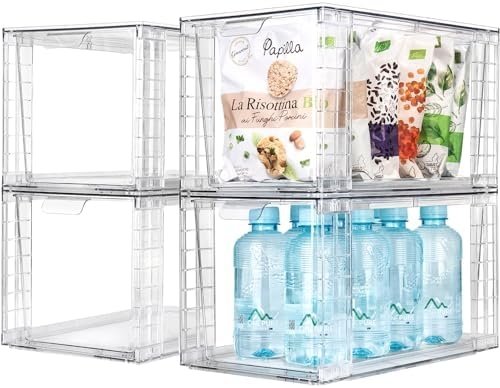 4Pack Large Stackable Kitchen Storage Drawers, Clear Foods Organizer Bins with Handles, Easily Assemble for Bathroom, Kitchen, Pantry, Cabinet, Closet(XL-Up Handle)