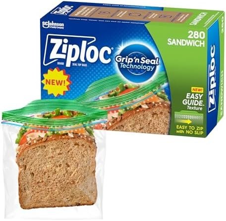 Ziploc Sandwich and Snack Bags, Storage Bags for On the Go Freshness, Grip ‘n Seal Technology for Easier Grip, Open, and Close, 280 Count