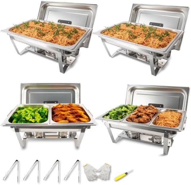 4 Pack 8QT Rectangular Chafing Dish Buffet Set Stainless Steel Catering Chafers Food Warmer with Full,Half,1/3 Food Pan,Fuel Holder,Foldable Frame for Weddings/Parties/Banquets Events