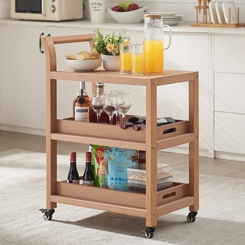 Psilvam Kitchen Cart, Poly Lumber Waterproof Bar Cart with Wheels, Three-Layer Replaceable Trays Position Serving Cart with Wheels, Food Cart with Wheels Suitable for Home and Restaurant (Teak Color)