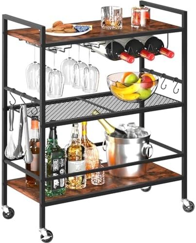 Yoobure Bar Cart with Wheels, Bar Carts for The Home, 3-Tier Rolling Kitchen Cart with Wine Rack and Glass Holder, Home Bar & Serving Carts with Hooks Wine Cart Microwave Cart for Kitchen Living Room