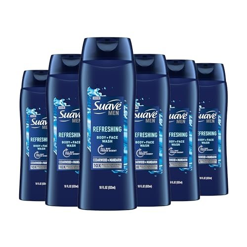 Suave Men Moisturizing Body & Face Wash, With Cedarwood and Mandarin Scent, No Parabens, No Phtahaltes, 18 Oz Pack of 6