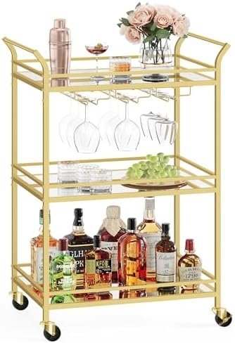 VASAGLE Bar Cart, Home Bar Serving Cart, Small Bar Cart with 3-Tier Shelf, Wine Holders, Glass Holders, Bar Cart for Small Spaces, Kitchen, Living Room, 15 x 23.6 x 36.2 Inches, Gold ULRC100A01