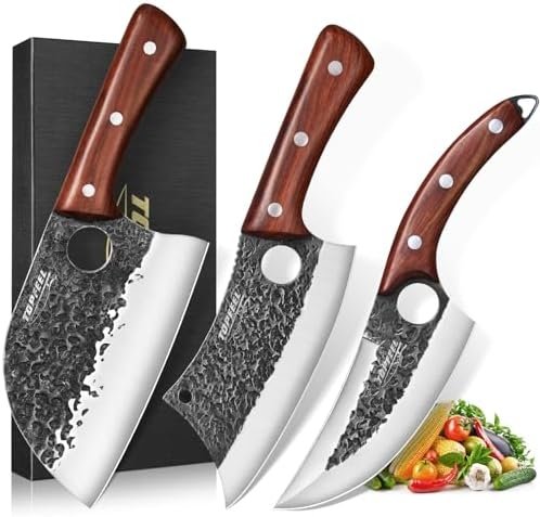 3PCS Butcher Knife Set, Hand Forged Serbian Chef Knife & Meat Cleaver Knife & Viking Knives, Meat Cutting Kitchen Knife Set for Home, Outdoor Cooking, Camping BBQ Men