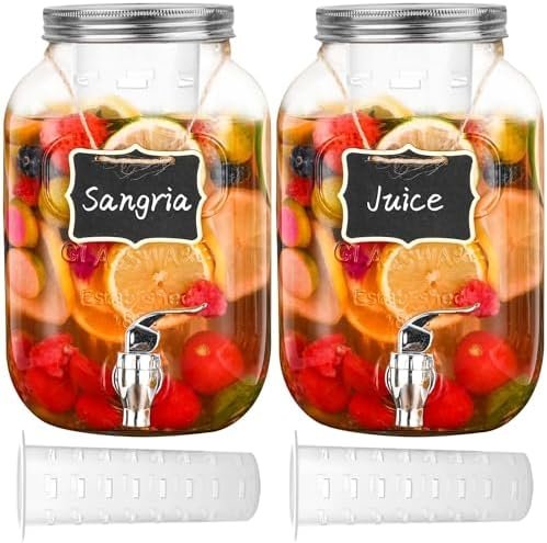 Eleganttime 1 Gallon Glass Drink Dispensers for Parties,2 Pack Beverage Dispenser with Fruit Infuser,Laundry Detergent Dispenser Punch Bowls Water Juice dispensers with Easy Flow Spigot for Outdoor